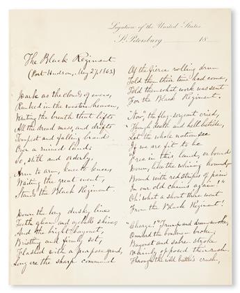 (MILITARY--CIVIL WAR.) BOKER, GEORGE H. An Autograph Signed copy of Bokers poem The Black Regiment (Port Hudson, May 27, 1863)